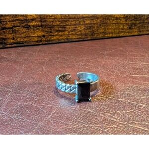 Size 6 Black Rectangle Stone Asymmetrical Sterling Silver 925 Ring Free Size